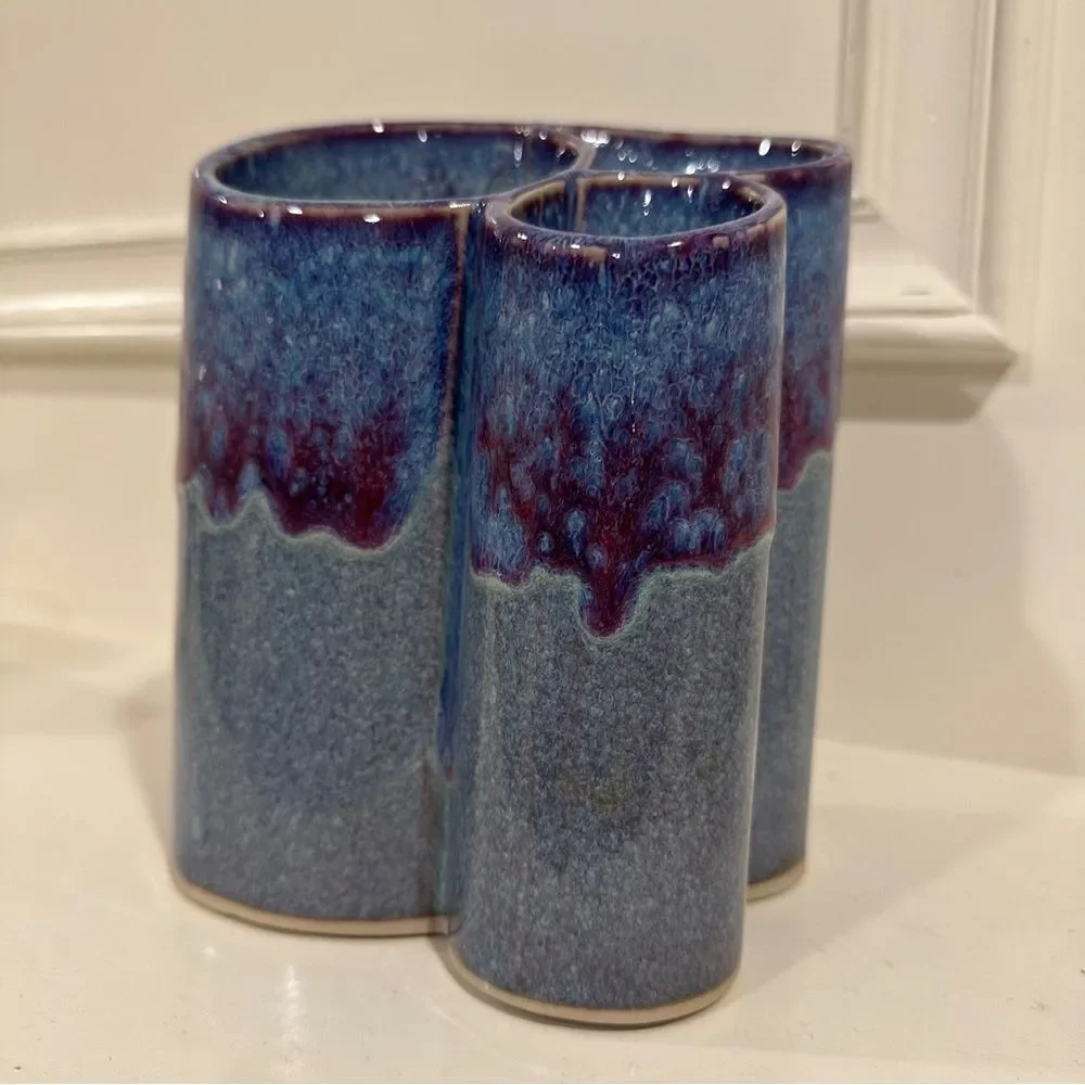 Bay Pottery Blue Purple Ceramic Drip Glaze Art Pottery Stoneware Triple Bud Vase
